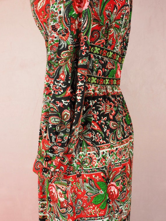 1970s bohemian folk dress in red black and neon - image 8