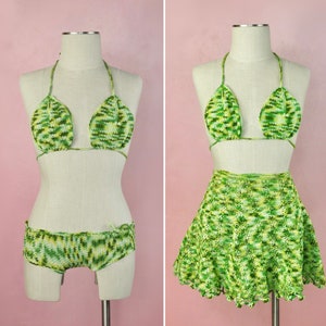 1970s green 3 piece crochet bikini and skirt
