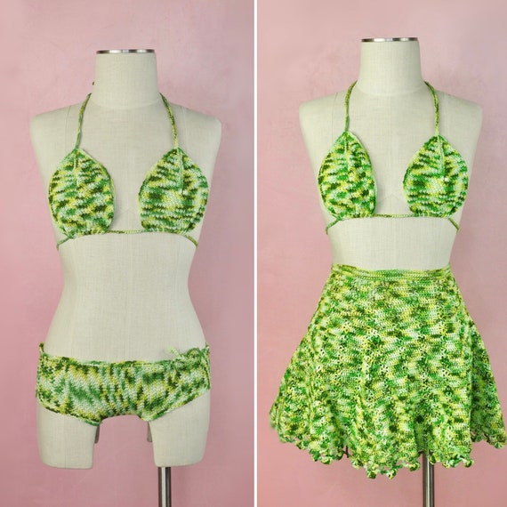 1970s green 3 piece crochet bikini and skirt - image 1