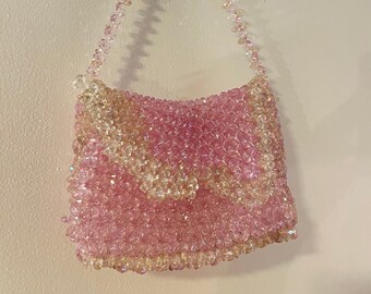 Handmade pink and pearl beaded bag, small shoulder purse.