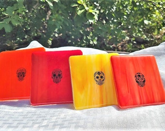 Kiln Fired Fused Glass Sugar Skull Coasters