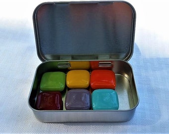 Fused glass magnets with tin box.