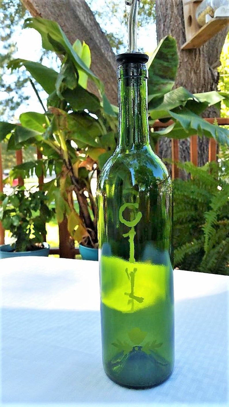 Recycled etched bottle for olive oil with flip top. | Etsy