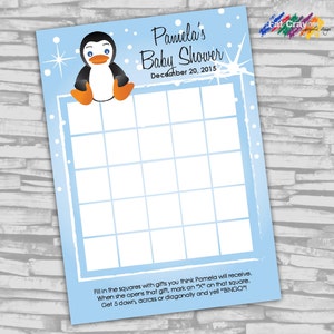 AANPASBARE Penguin Baby douche Gift Bingo Card - blauw - 5 "x 7" - digitaal bestand