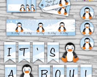 INSTANT DOWNLOAD Penguin BOY Baby Shower Party Package - Digital File