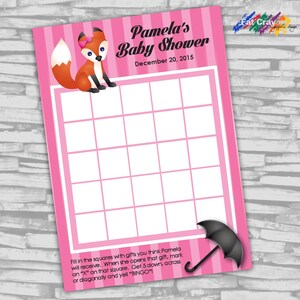 Fox personalizable bebé ducha regalo Bingo tarjeta - rosa - 5 "x 7" - archivo Digital