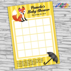 ANPASSBARE Fox-Baby Shower Geschenk Bingo-Karte - gelb - 5 "x 7" - digitale Datei