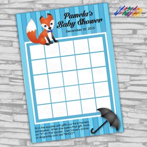 ANPASSBARE Fox-Baby Shower Geschenk Bingo-Karte - blau - 5 "x 7" - digitale Datei