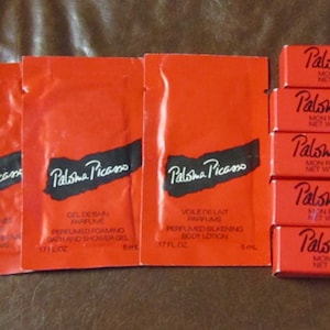 Paloma Picasso Sample 5 Lipstick (s)   3 Packets Bath  Parfume Lotion  1980s France