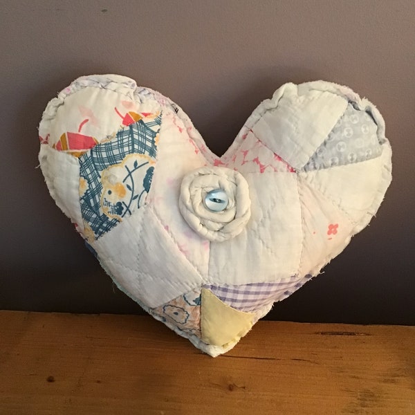 Heart Pillow Made From A Vintage Cutter Quilt, Cottage Decor, Nursery Decor, Shabby Chic Heart Pillow