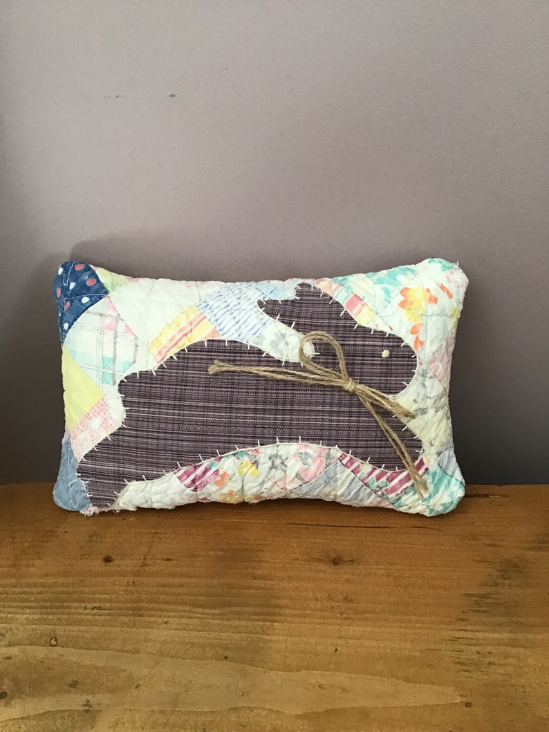 Small Pillow Made From A Vintage Cutter Quilt, Pillow With Bunny, Shelf Sitter, Spring Decor