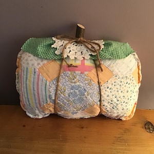 Pumpkin Pillow Made From A Vintage Cutter Quilt, Fall Decor, Shabby Chic, Vintage Quilt Pumpkin, Cottage Decor