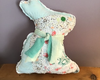 Bunny Pillow Made From A Vintage Cutter Quilt, Primitive Bunny, Rabbit Shaped Pillow, Cottage Decor, Farmhouse, Spring Decor