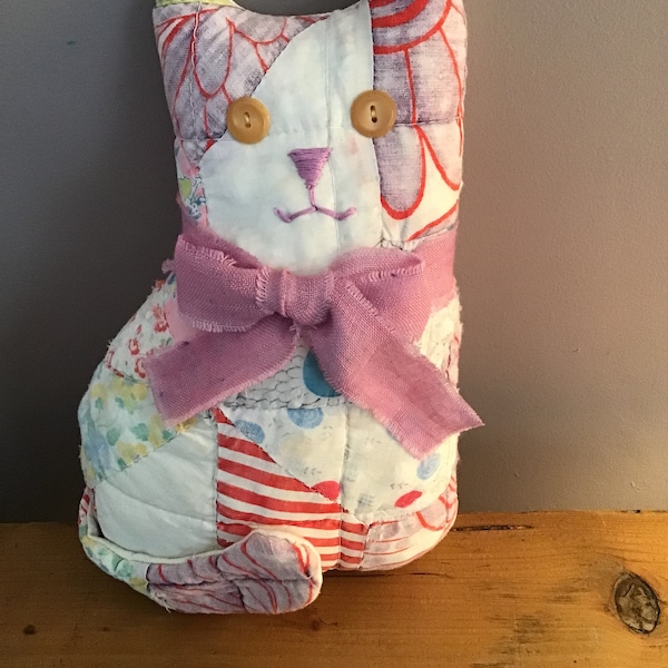 Cat Shaped Pillow Made From A Vintage Cutter Quilt, Kitty Pillow, Cat Lover’s Gift, Shelf Sitter, Shabby Chic, Cottage Decor, Farmhouse