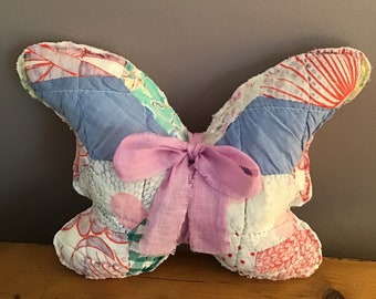 Butterfly Pillow Made From a Vintage Cutter Quilt, Shabby chic Decor, Cottage, Farmhouse, Kid’s Bedroom Decor, Nursery