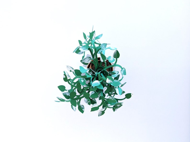 May include: A papercraft plant with green leaves and white accents in a brown pot. The plant is made of paper and is a 3D model.