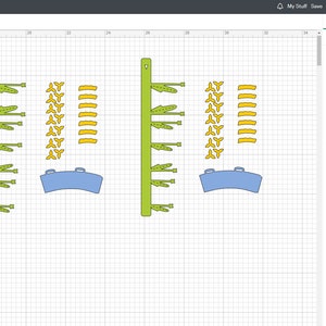 May include: A digital illustration featuring elements for a daffodil design. The design includes green stems with leaves, yellow petal shapes, and blue curved shapes. The word "Untitled" is in the top left corner.