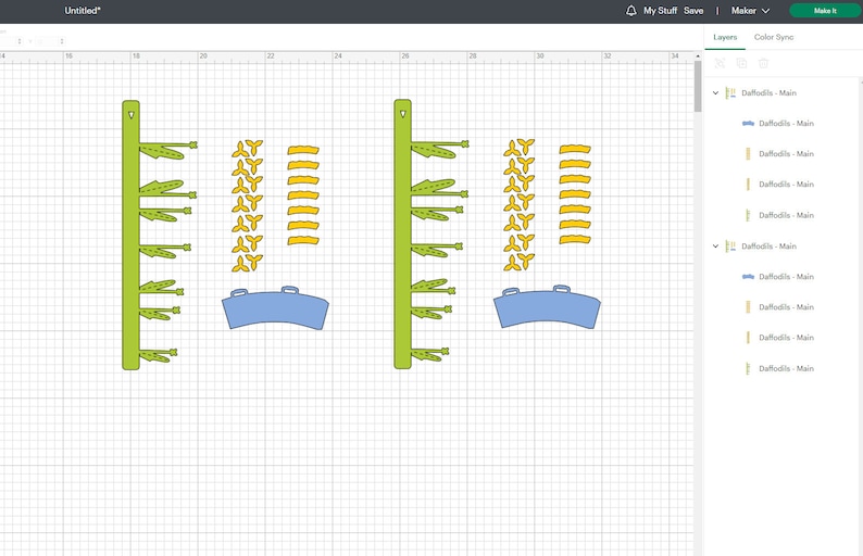 May include: A digital illustration featuring elements for a daffodil design. The design includes green stems with leaves, yellow petal shapes, and blue curved shapes. The word "Untitled" is in the top left corner.