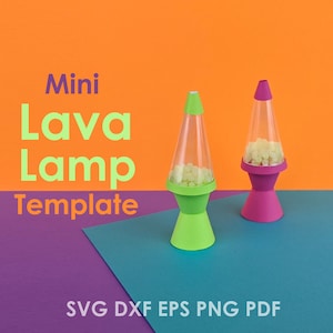 May include: Two mini lava lamp templates, one green and one pink, with the text "Mini Lava Lamp Template" and "SVG DXF EPS PNG PDF" on a purple and teal background.