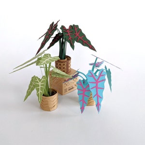 May include: Three papercraft potted plants with different colored leaves. The plants are in brown pots with a woven pattern. The leaves are green, red, and blue.