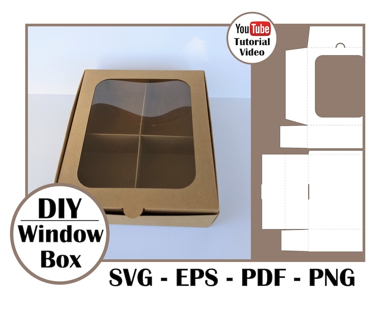 May include: A brown cardboard box with a clear window on the top. The box has four compartments inside. The box is labeled "DIY Window Box" and "SVG - EPS - PDF - PNG".