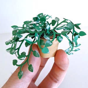 May include: A small papercraft potted plant with green leaves and a brown pot. The plant is hanging over the edge of the pot.