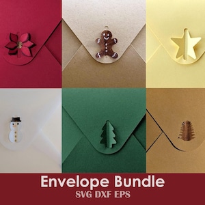 May include: A collection of colorful envelopes with festive cut-out designs. The envelopes are red, tan, yellow, white, green, and brown. Each envelope features a unique holiday-themed embellishment, including a poinsettia, gingerbread man, star, snowman, and Christmas tree.