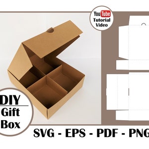 Könnte beinhalten: DIY Geschenkbox-Vorlage mit vier Fächern. Die Vorlage wird sowohl im gefalteten als auch im aufgeklappten Zustand gezeigt. Die gefaltete Box besteht aus braunem Karton. Die aufgeklappte Vorlage ist weiß und zeigt die Schnitt- und Faltlinien. Der Text "DIY Gift Box" befindet sich in einem Kreis auf der linken Seite des Bildes. Der Text "SVG - EPS - PDF - PNG" befindet sich am unteren Rand des Bildes. Der Text "YouTube Tutorial Video" befindet sich in einem roten Kreis oben im Bild.