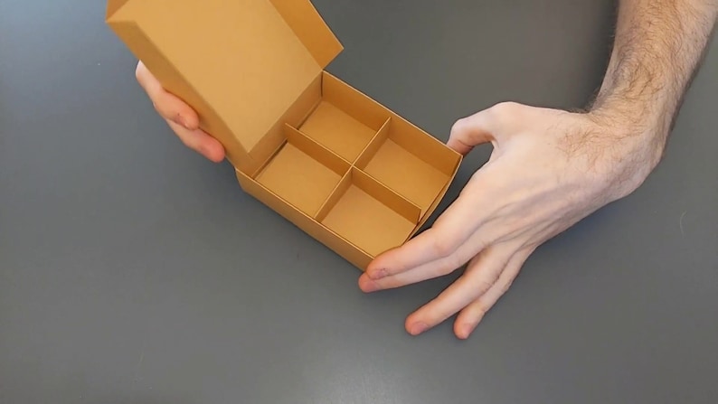 May include: A brown cardboard box with four compartments, open and held by two hands.