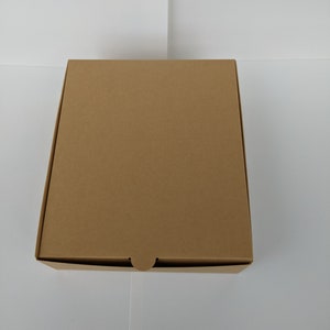 May include: A plain brown cardboard box with a flap on the front.