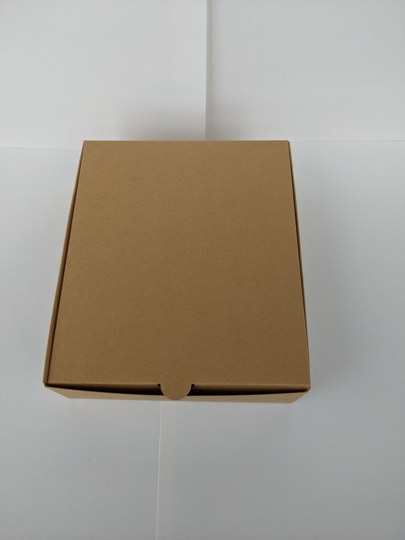 May include: A plain brown cardboard box with a flap on the front.
