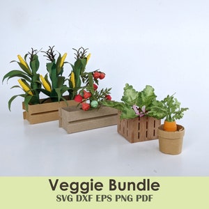 Paquet de potager miniature | Fabriquez de minuscules légumes avec cet ensemble de modèles SVG de bricolage imprimables - Contient des tomates, des carottes, de la rhubarbe et du maïs