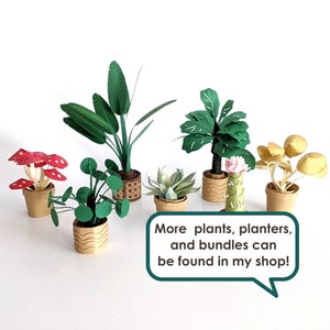 May include: A collection of papercraft plants in pots, including a red mushroom plant, a green leafy plant, a palm tree, a succulent, and a cactus. The text "More plants, planters, and bundles can be found in my shop!" is in a speech bubble.