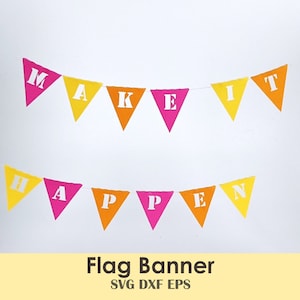 Puede incluir: Un cartel con las palabras "MAKE IT HAPPEN" escritas en banderas triangulares de colores. Las banderas son rosas, amarillas y naranjas con letras blancas. El cartel cuelga sobre un fondo blanco.