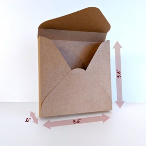May include: A brown cardboard envelope with a flap, measuring 5.6 inches wide, 5.6 inches tall, and 0.8 inches deep.