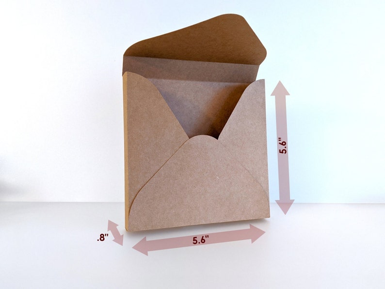 May include: A brown cardboard envelope with a flap, measuring 5.6 inches wide, 5.6 inches tall, and 0.8 inches deep.