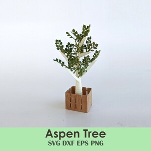 May include: A papercraft model of an aspen tree with a white trunk and green leaves. The tree is in a brown cardboard planter with a fence design.
