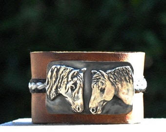 custom horsehair / leather bracelet ,sterling silver CUSTOM horse heads from your own photos, leather horse cuff, silver horse cuff, horse