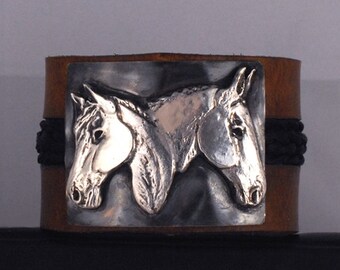 custom horsehair / leather bracelet ,sterling silver CUSTOM horse heads from your own photos, leather horse cuff, silver horse cuff, horse