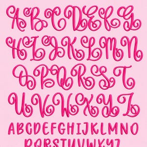 May include: A digital alphabet set featuring two distinct styles of the English letters A through Z in a vibrant hot pink color. The top section displays a cursive, swirly script font, while the bottom section shows a simple, sans-serif block font.