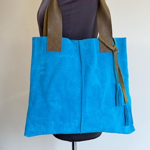 Suede tote with leather straps, suede tote, blue tote, suede shoulder bag, suede bag, tote leather bag, tote bag