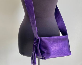 Purple leather crossbody bag, Purple Metallic small leather crossbody, small leather crossbody, small bag, leather bag - The box bag