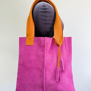 Suede tote with leather straps, suede tote, pink tote, suede shoulder bag, suede bag