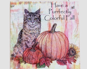 Cat art, cat and pumpkin, Fall plaque, Autumn, Autumn leaves, pumpkins, Cat, Kitten