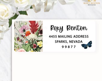 Vintage Floral and Blue Butterfly, Garden Flowers, Everyday Occasions, Personalized Return Address Labels