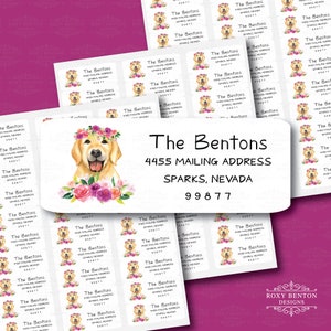 Golden Retriever with Floral Crown, Watercolor, Adhesive Return Address Labels, Personalized Stationery, All Occasions