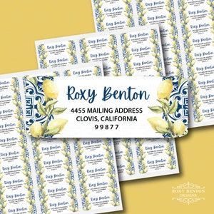 Blue and White Tiles with Lemon Branches, Elegant, Watercolor Style, Return Address Label, Personalized, Wedding, Shower, All Occasions