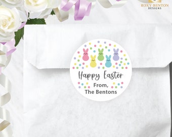 Easter Bunnies and Confetti, Happy Easter Stickers, Circle Label, Personalized, Roxy Benton Designs