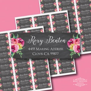 Peonies, Silver Color Font, Return Address Label, Personalized, Chalkboard Style Background, Watercolor Style Flowers