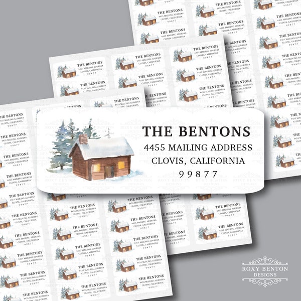 Watercolor Snowy Cabin, Pine Trees, Christmas Trees,  Rustic, Return Address Labels, Personalized, Holiday